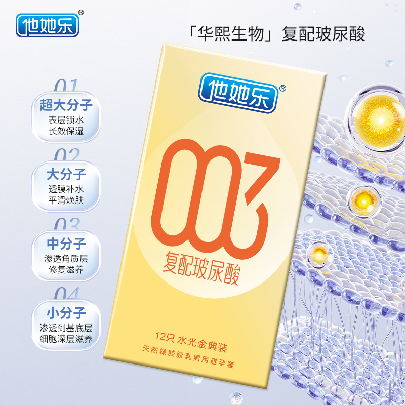 他她樂水光金典裝避孕套12只｜華熙生物復配玻尿酸，四重分子層層滋養，順滑如水不黏不膩男用安全套